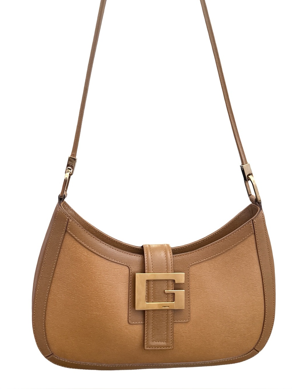 Vintage Gucci Tan Leather Shoulder Bag Large Gold G Buckle Jackie Style Purse